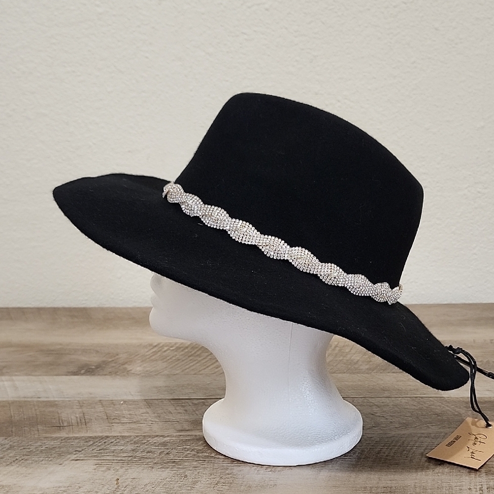 Steve Madden Black Wide-Brim Hat With Rhinestone Belt Accent - Picture 3 of 10